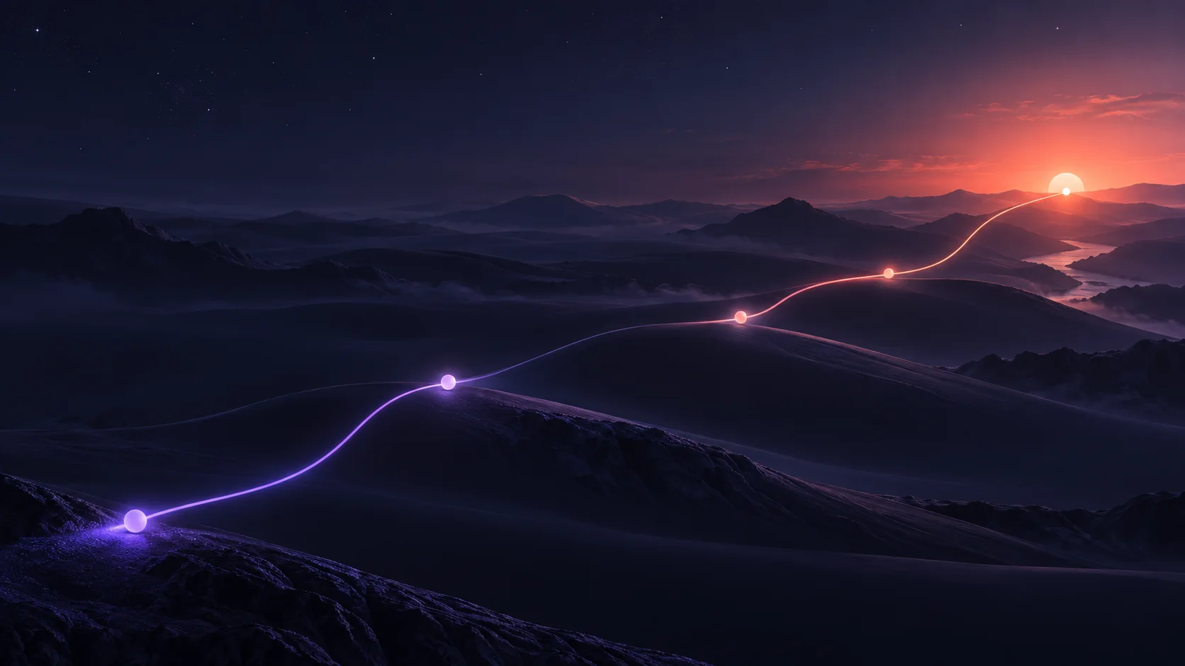 Abstrakte Flow-Landschaft mit leuchtenden Knoten.